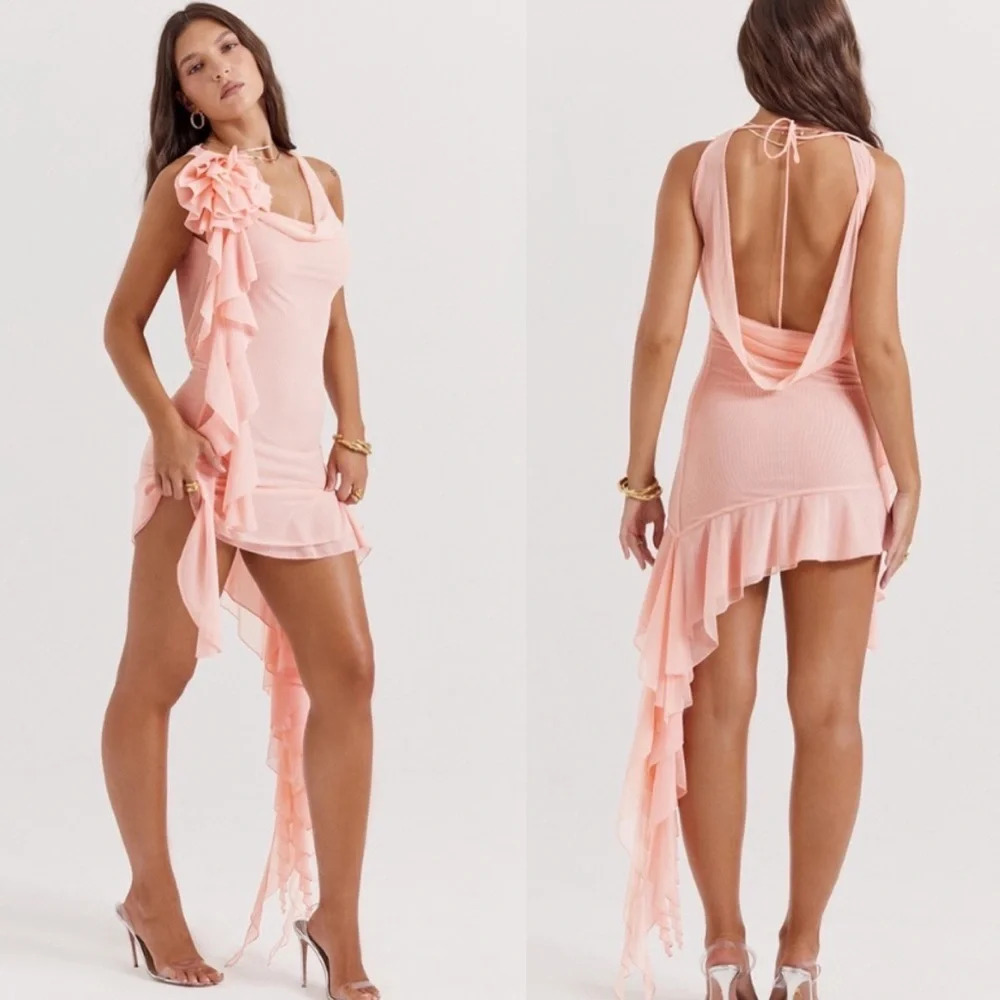 House of CB Pale Pink Ruffle-Asymmetrical Mini Dress